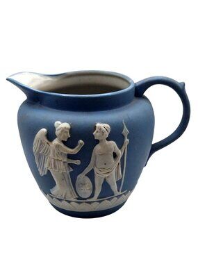 Vintage Blue & White Jasperware Style Pitcher With Neo-Classical Design Japan